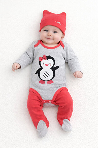 bebekpare Baby Girl Bodysuit Set Penguin Printed 100% Cotton Pomegranate Flower