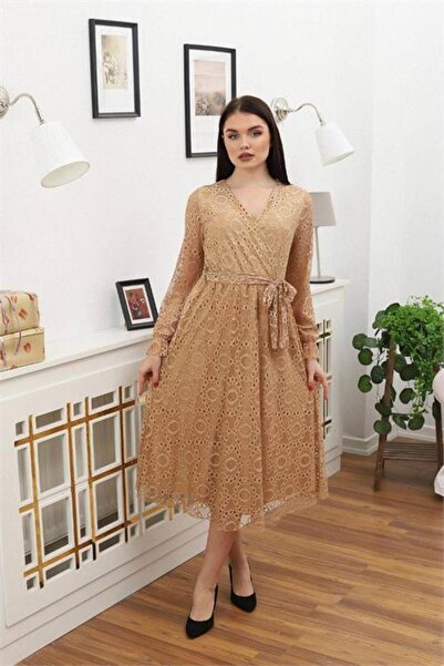 Dipmoda فستان نسائي دانتيل بتفاصيل مربوطة RSSN619 - لون جملي