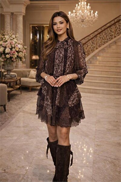 Dipmoda Women's Layered Lace Detailed Neckline Tie-Detail Brown Mini Dress