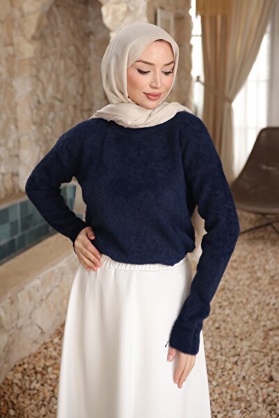 İmajButik Navy Blue Crew Neck Angora Soft Knit Sweater