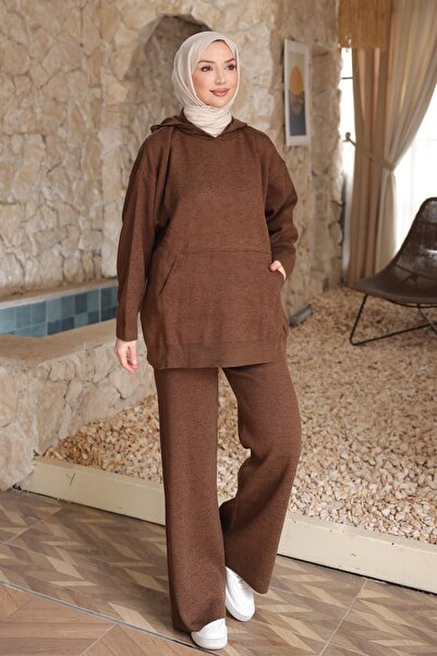 İmajButik Smeđi set pletenog odevnog predmeta sa kapuljačom i pantalonama