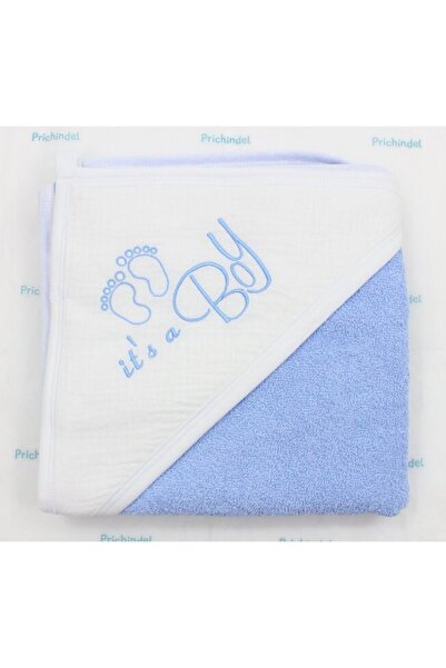 PRICHINDEL Hooded Towel, it is a boy, muslin and cotton, blue, 80x100 cm
