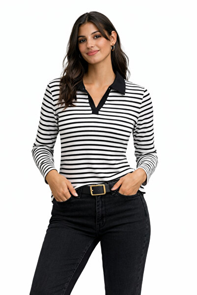 kikiriktekstil 10929 Women's Polo Neck Self Striped %100 Cotton Blouse
