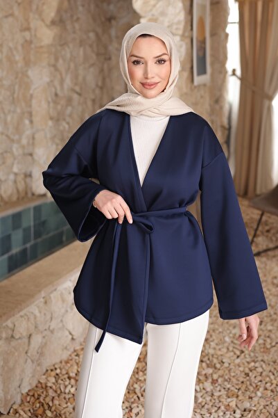 İmajButik Jachetă kimono scuba cu centură, albastru marin