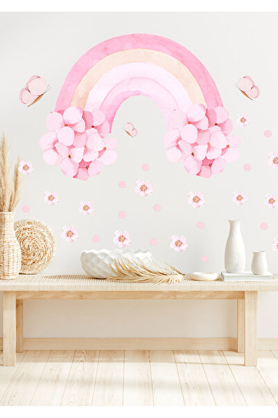 Sim Tasarım Roze cvetni set zidnih naljepnica sa duginim cvetovima i leptirim...