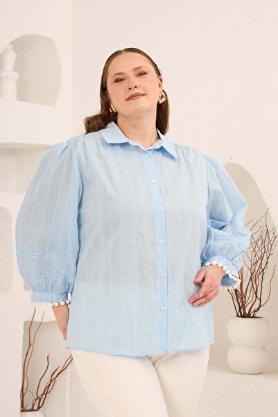 RMG Balloon Sleeve Pompom Detailed Women's Plus Size Shirt Blue