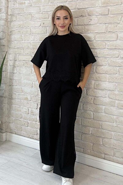 Muna Boutique Avelis Black Lace Detailed Tracksuit - Special Design Soft-Text...