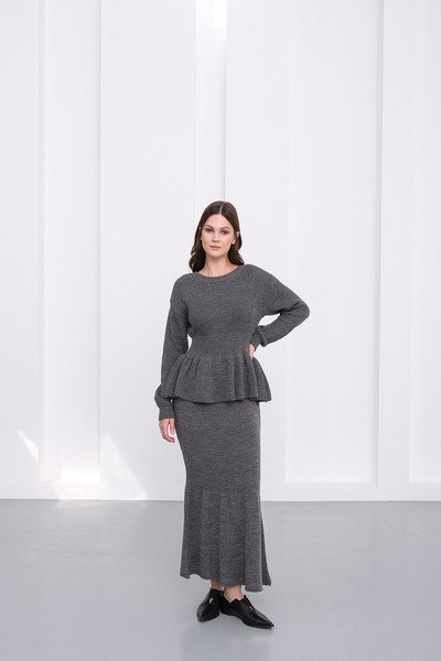 Sea Style Flywheel Detailed Knitwear Blouse and Long Skirt Set – Anthracite