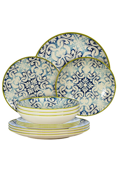 Cesiro Set farfurii 12 piese, pentru 4 persoane, Stoneware, Ivoire cu Albastru