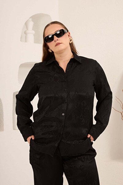 RMG Yılan Leather Si Patterned Large Size Women's Shirt Black