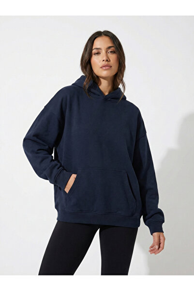 NEW JOURNAL Women's Navy Blue 3 Thread K Hooded O Oversized Sweatshirt Nj118