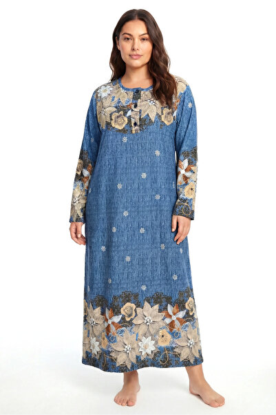 Akbeniz Noćna haljina za majke velike veličine Cvetni dezen dugih rukava, plava