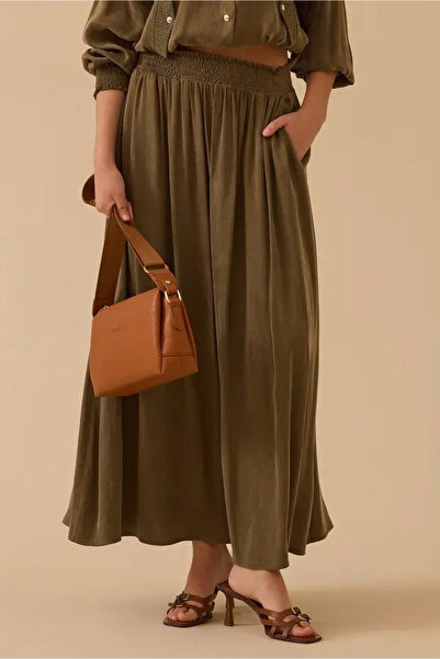 SEÇİL تنورة نسائية خصر مطاطي بجيوب - كاكي