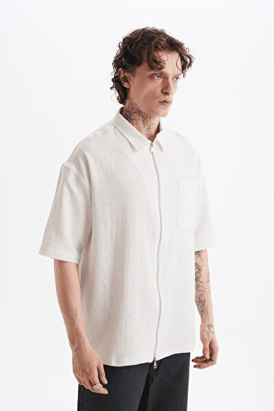 Danger Ανδρικό πουκάμισο Lilyum Λινό Τσέπη με φερμουάρ τεμαχίων εκρού