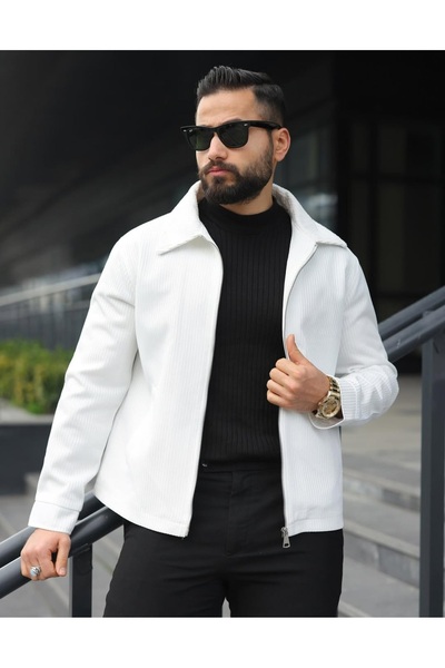 Erkek Beyaz Fermuarlı Dokulu Klasik Spor Ceket