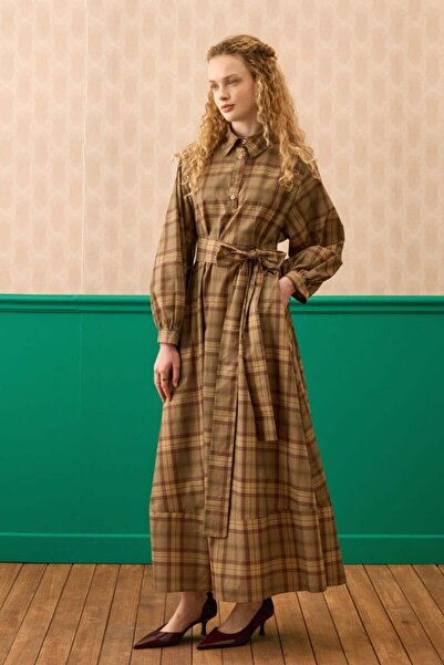 Ceylan Otantik Vizon Ekoseli Vintage Elbise