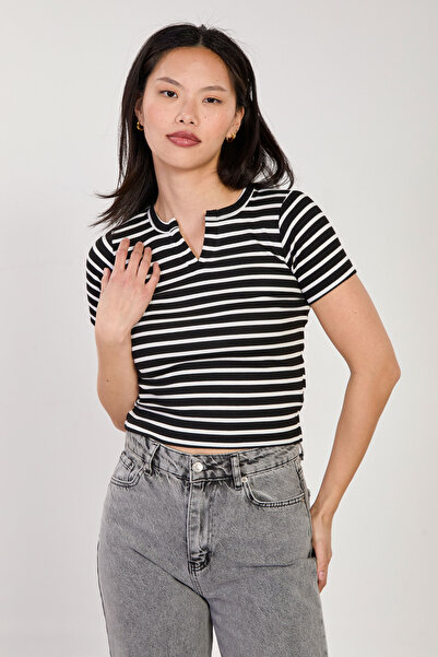 BARRELS AND OIL Γυναικείο V-λαιμόκοψη Ριγέ κοτλέ Body- Μαύρο/Λευκό