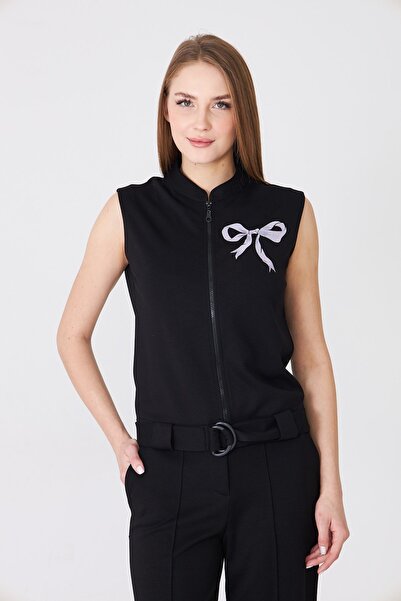 Sortie Women's Mock Neck Bow Printed Zipper Belt Pack Vest Black