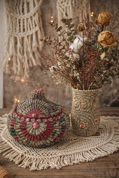 El Emeği Avora 1987 Handmade 2’li Bohem Dekoratif Kabak & Vazo Seti El Yapımı...