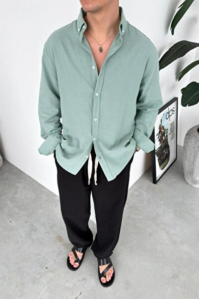 HAFKAGİYİM Mint zelena Oversize kroj sveža Lan košulja