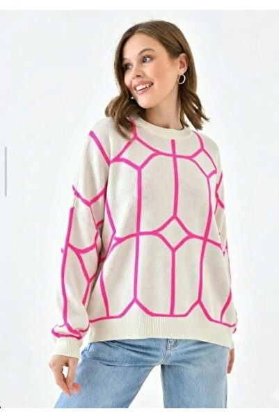 Park Karon Women's Crew Neck Patterned Oversized Knitwear Sweater 224403