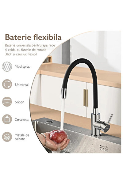 Ruhhy Baterie de bucătărie NewTech, flexibilă la 360°, aerator, negru/argintiu, 55,5 x 8 x 3 cm