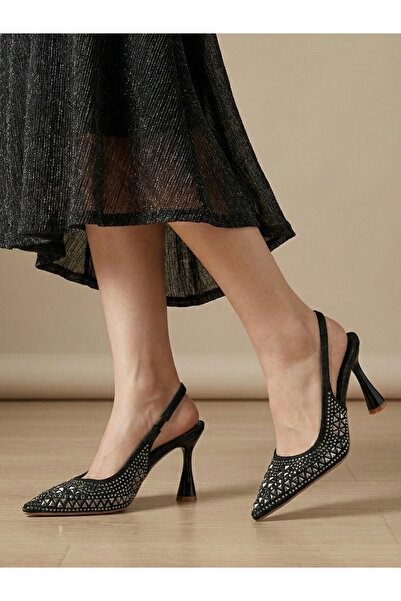 Styli Black Embellished Slingback Shoes