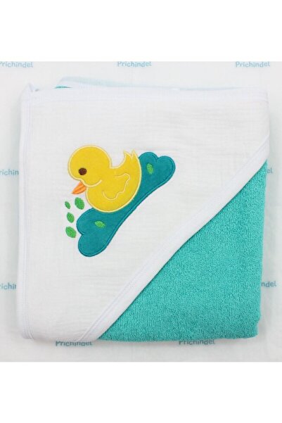 PRICHINDEL Hooded Towel, Little Duck, Muslin and Cotton, Turquoise, 80x100 cm
