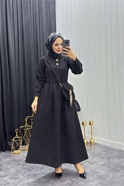 Dipmoda Women's Black Gold Buttoned Bag Detailed Full Length Hijab Dress Nms077