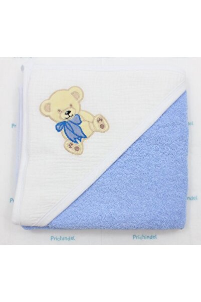 PRICHINDEL Hooded Towel, Teddy Bear with Bow, Muslin and Cotton, Blue, 80x100 cm