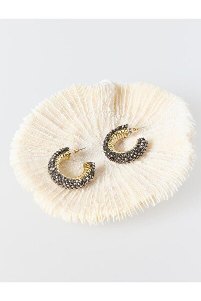 Jimmy Key Siyah Parlak Taş Detaylı Kalın Yarım Halka Küpe