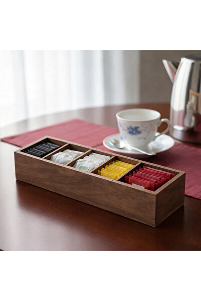 woodsy Ahşap Çay Düzenleyicisi Ceviz Rengi Masif Poşet Çay Organizer Kutusu Ç...