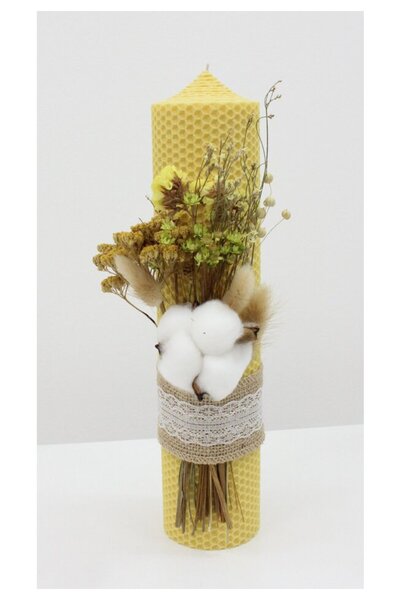 PRICHINDEL Baptism Candle with Cotton Flowers, Immortal, Wax, Yellow, 30cm