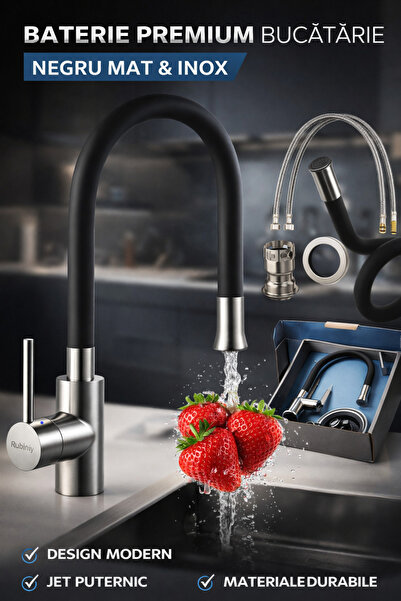 Ruhhy Baterie de bucătărie NewTech, flexibilă la 360°, aerator, negru/argintiu, 55,5 x 8 x 3 cm