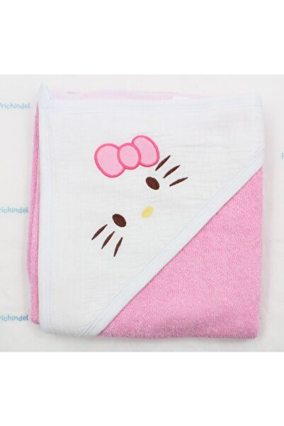 PRICHINDEL Prosop cu glugă , Pisică mică, muselină și bumbac, roz, 80x100 cm