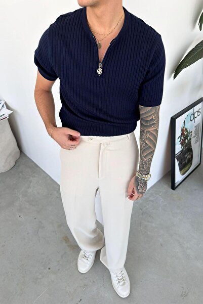 HAFKAGİYİM Μπλουζάκι Πλεκτό Premium σε Σκούρο Μπλε με Μισό Φερμουάρ