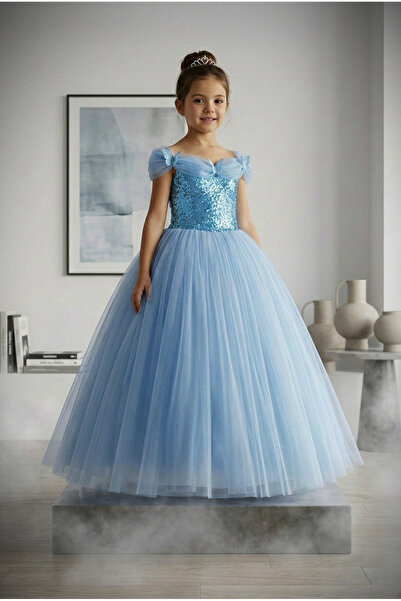 Seplin Fashion Sindirella.Kız Çocuk Mavi Payetli Kabarık Tül Etekli Prenses E...