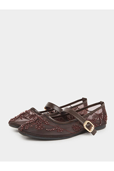 Styli Brown Embroidered Mesh Ballerinas