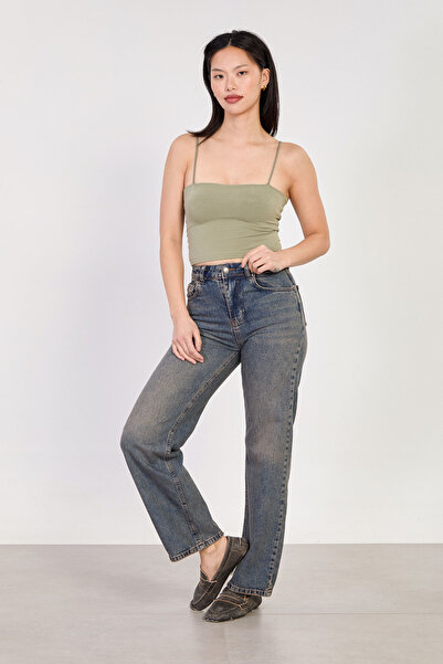 BARRELS AND OIL بنطلون جينز نسائي مستقيم عالي الخصر J92 - لون بني