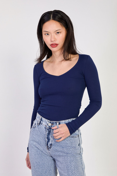 BARRELS AND OIL Women's long sleeve v-neck bodysuit - navy blue