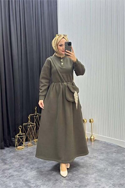 Dipmoda Women's Khaki Gold Buttoned Bag Detailed Full Length Hijab Dress Nms077