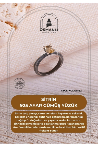 OSMANLI DOĞAL TAŞ Sertifikalı Sitrin 925 Ayar Gümüş Yüzük (SK:552)