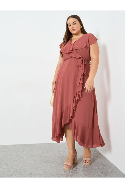 Styli Plus Size Rust Ruffled Detail Maxi Dress