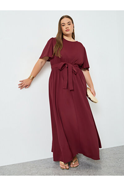 Styli Plus Size Burgundy Waist-Tie Maxi Dress