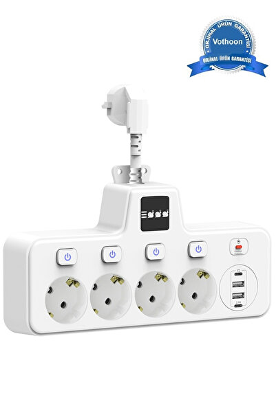 Vothoon Termal Akım Korumalı 4'lü Duvar Tipi Priz 2x USB 2x Type-C Çıkışlı Gr...