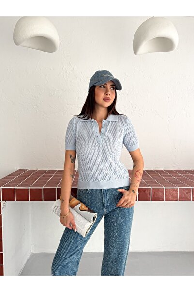 LE CARAMBOLE Women's Blue Buttoned Polo Collar Short Sleeve Knitwear Blouse