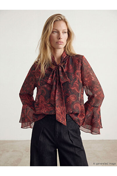 LC Waikiki LCW Vision Kahverengi Fular Yaka Ispanyol Kol Desenli Bluz