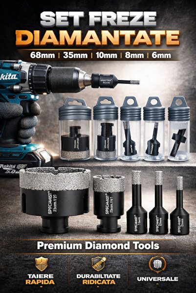 Bigstren Set carote diamantate 6 piese M14 6-68 mm cu ghidaj, pentru gresie, ...