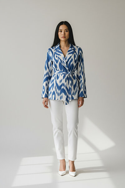 HN Loom Serene İkat Kuşaklı Düğmeli Kadın Ceket - El Dokuma %100 Pamuk