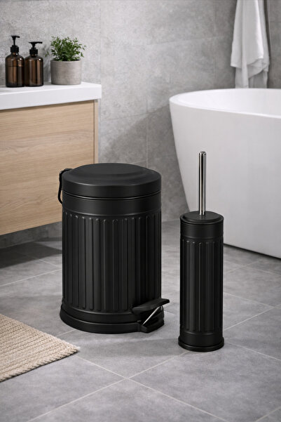 Yufira Life 5 Lt Çizgili Vintage Yavaş Kapanan Pedallı Siyah Çöp Kovası ve WC...